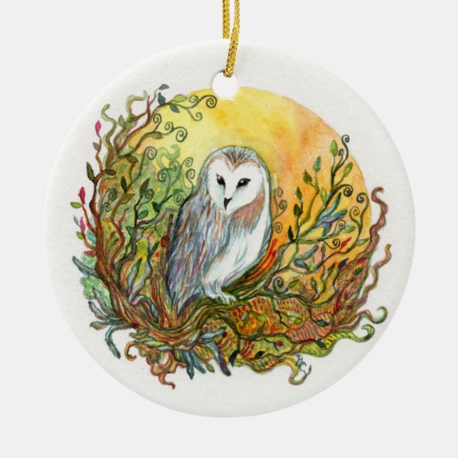 Owl and the Moon Ceramic Tree Decoration (Front)