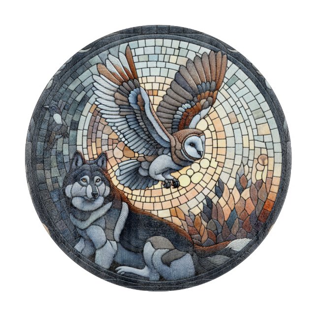 Owl and Wolf Mosaic Ai Art  Cutting Board (Front)