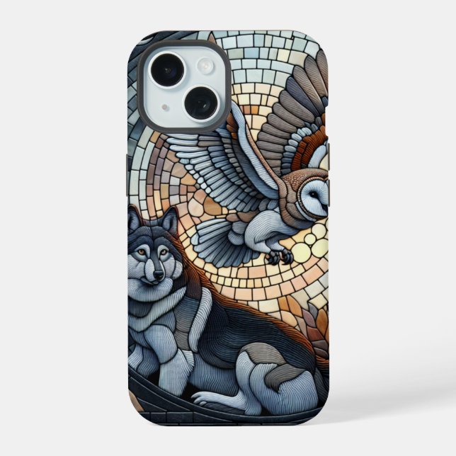 Owl and Wolf Mosaic Ai Art  iPhone 15 Case (Back)