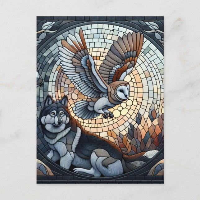 Owl and Wolf Mosaic Ai Art Postcard (Front)
