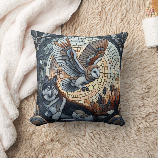 Owl and Wolf Mosaic Nature Ai Art   Cushion (Blanket)