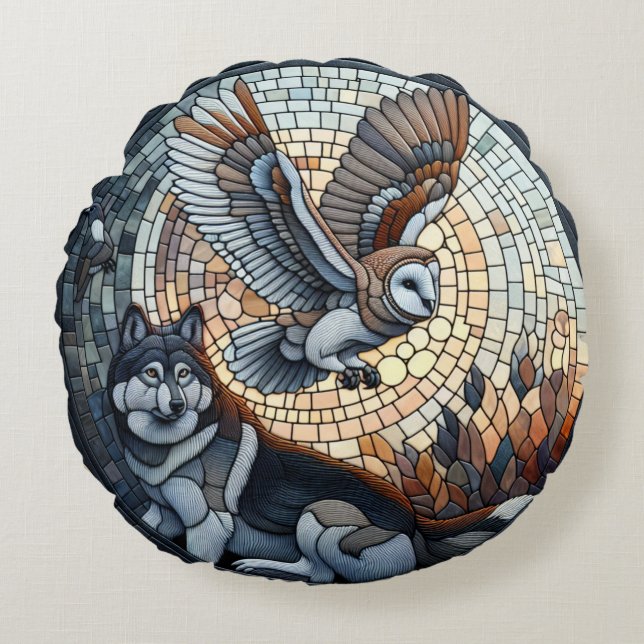 Owl and Wolf Mosaic Nature Ai Art   Round Cushion (Front)