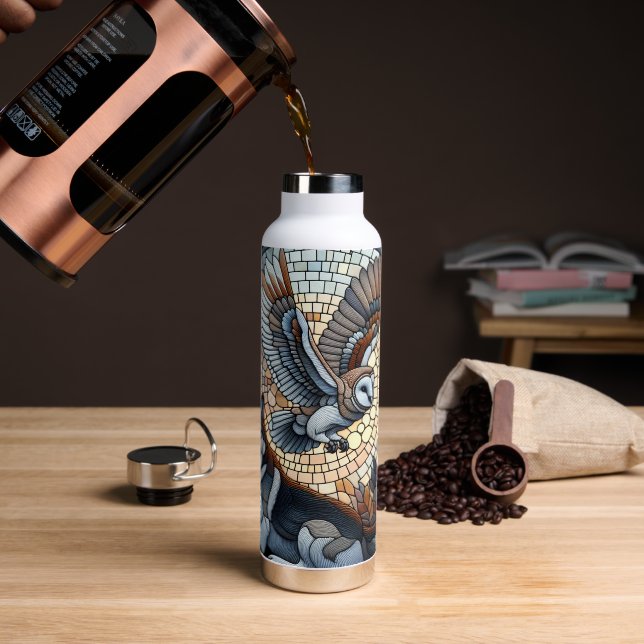 Owl and Wolf Mosaic Nature Ai Art  Water Bottle (Coffee)