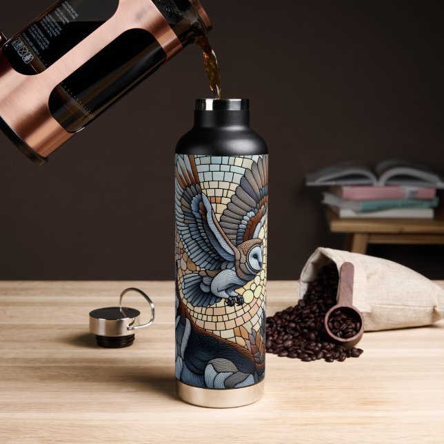 Owl and Wolf Mosaic Nature Ai Art  Water Bottle (Coffee)