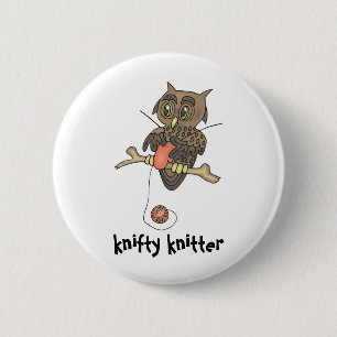 owl and yarn knifty knitter 6 cm round badge
