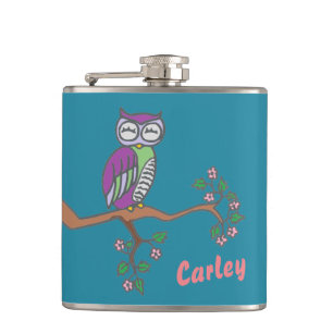 Owl Art Night Blue Personalised Hip Flask