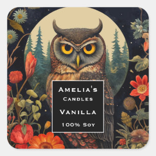 Owl at Night with a Full Moon - Candle Business Square Sticker