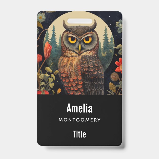 Owl at Night with a Full Moon ID Badge (Front)