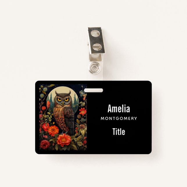 Owl at Night with a Full Moon ID Badge (Front with Clip)