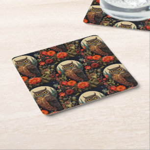 Owl at Night with a Full Moon Pattern Square Paper Coaster
