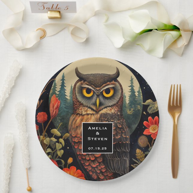 Owl at Night with a Full Moon Pattern Wedding Paper Plate (Wedding)