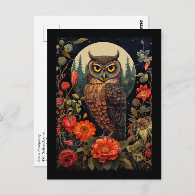 Owl at Night with a Full Moon Postcard (Front/Back)