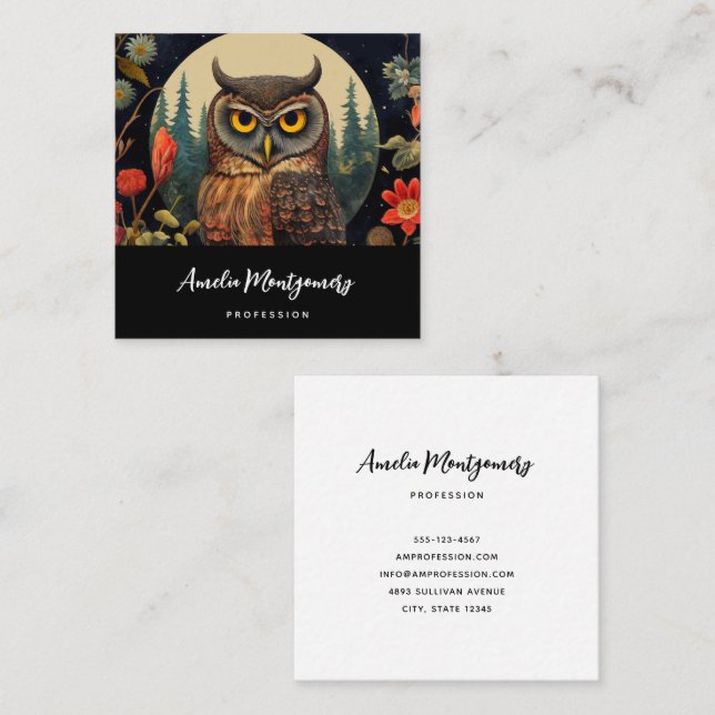 Owl at Night with a Full Moon Square Business Card (Front/Back)