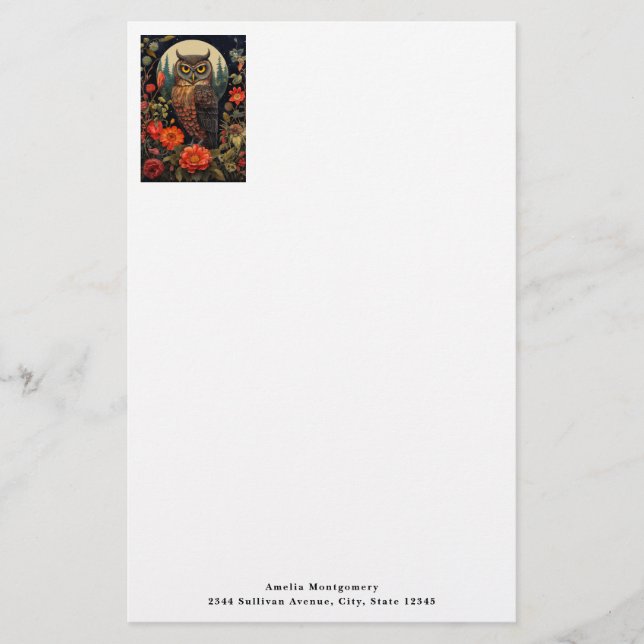 Owl at Night with a Full Moon Stationery (Front)