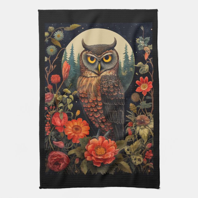 Owl at Night with a Full Moon Tea Towel (Vertical)