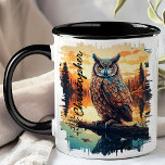 Owl at Sunset Forest Reflection Mug<br><div class="desc">Enjoy the mystical charm of the Owl at Sunset Forest Reflection Mug. This captivating mug features a majestic owl perched on a branch, with the serene forest and the warm hues of the sunset beautifully reflected in a tranquil lake. Customised with your name, it adds a personal and unique touch....</div>