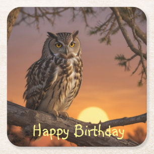 Owl at Sunset Square Paper Coaster