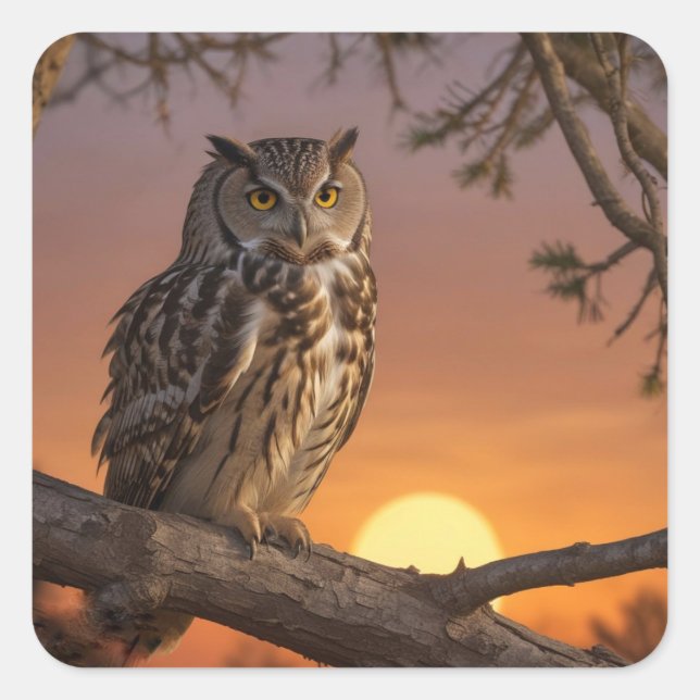 Owl at Sunset Square Sticker (Front)