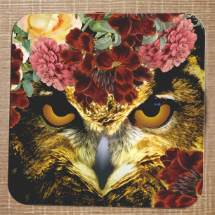 Owl Autumn Floral Pretty Boho Fall Woodland Bird Square Sticker