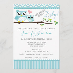 Owl Baby Shower Invitation Blue Chevron Boy