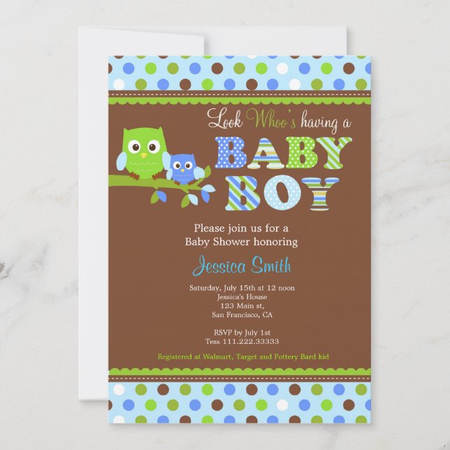 Owl Baby Shower Invitation Boy (Front)