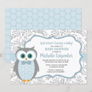 owl baby shower invitation boy blue grey woodland
