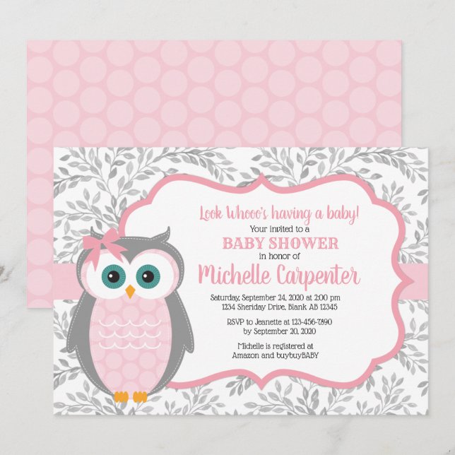 owl baby shower invitation girl pink grey woodland (Front/Back)