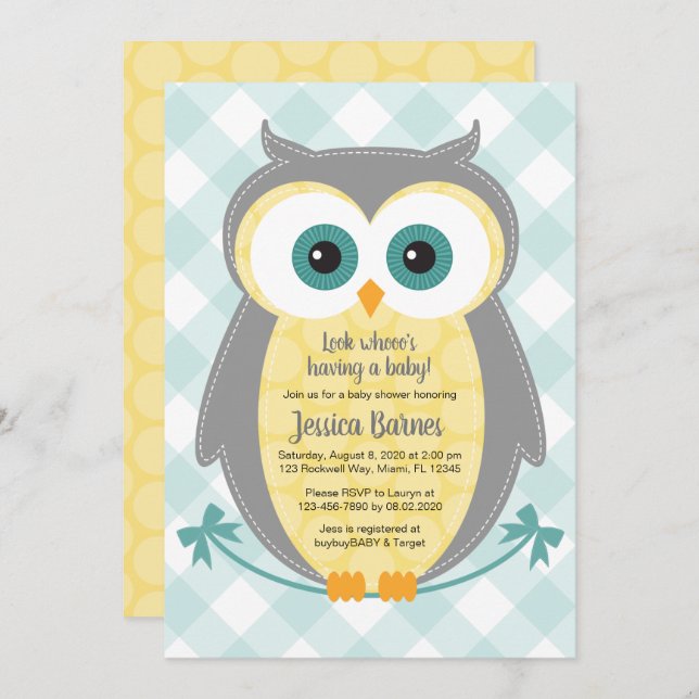 Owl baby shower invitation neutral yellow grey (Front/Back)
