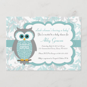 Owl Baby Shower Invitations, Aqua, Grey - 930 Invitation