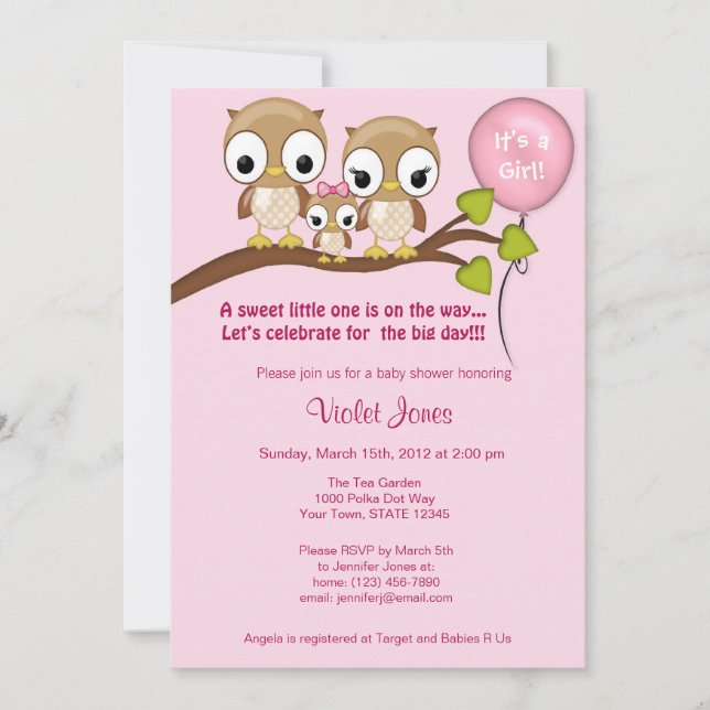 Owl Baby Shower Invitations Girl Mummy Daddy (Front)