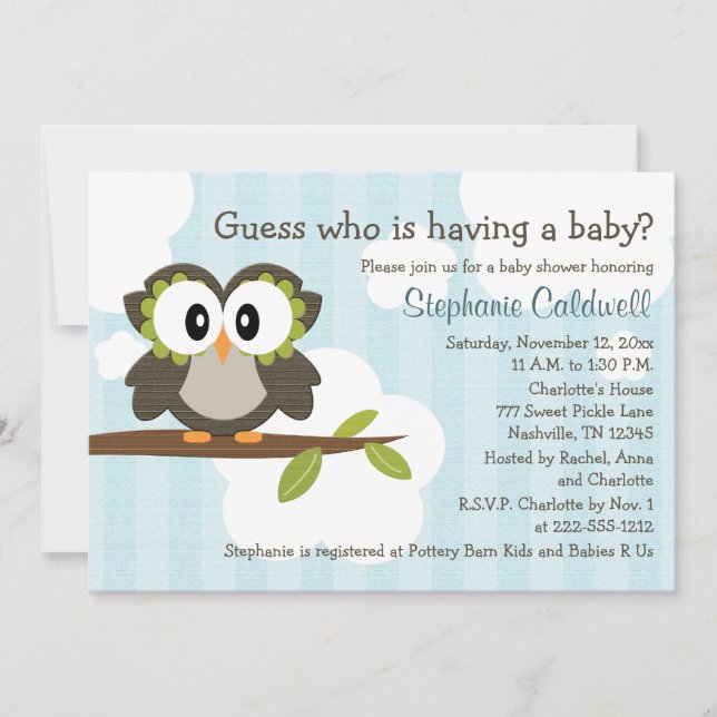 Owl Baby Shower Invitations Invites Blue (Front)