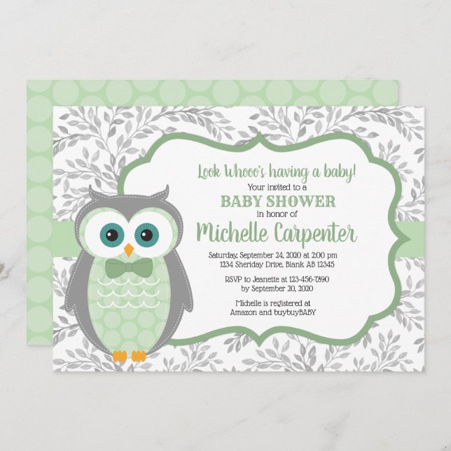 owl baby shower invite boy green grey woodland (Front/Back)