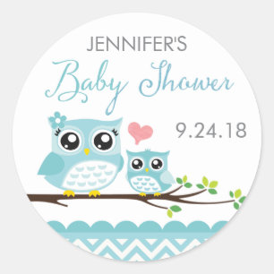 Owl Baby Shower Sticker / Label   Blue Chevron Boy