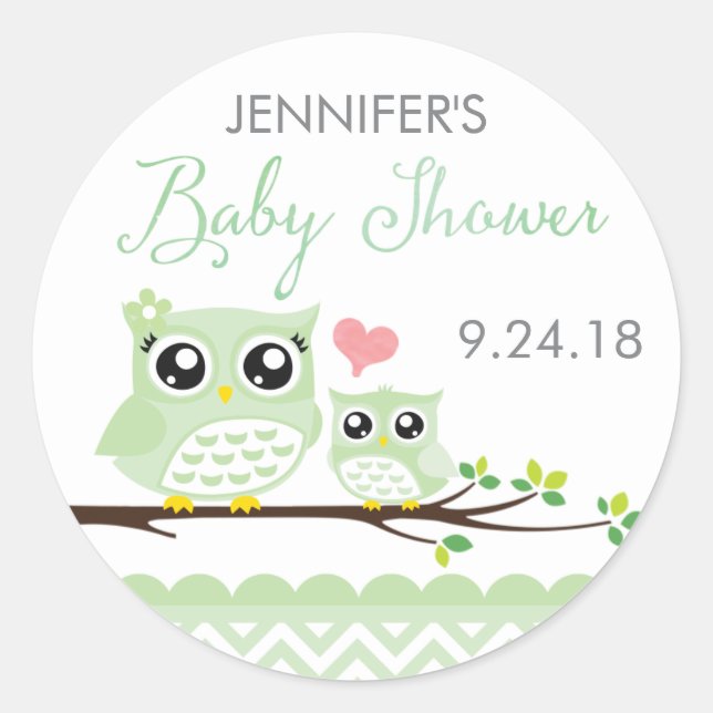 Owl Baby Shower Sticker / Label | Green Chevron (Front)