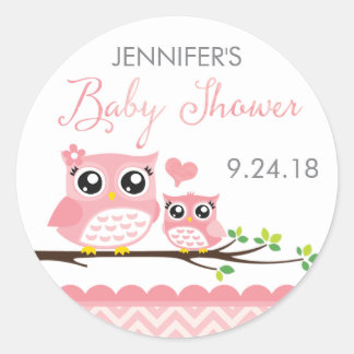 Owl Baby Shower Sticker Label | Pink Chevron Girl