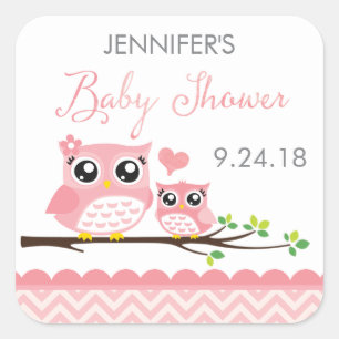 Owl Baby Shower Sticker Label Pink Chevron Girl