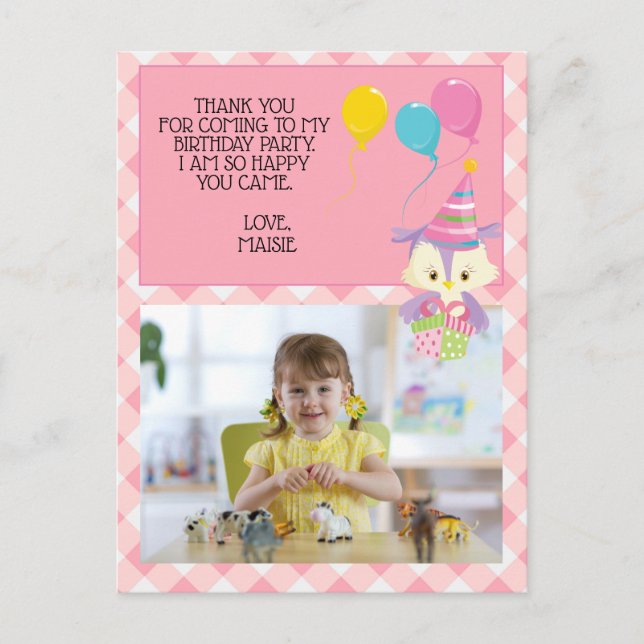 Owl Balloon Pink Gingham Birthday Photo Thank You Postcard (Front)
