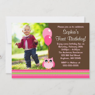 Owl Balloons Brown Pink Photo Birthday Invitation