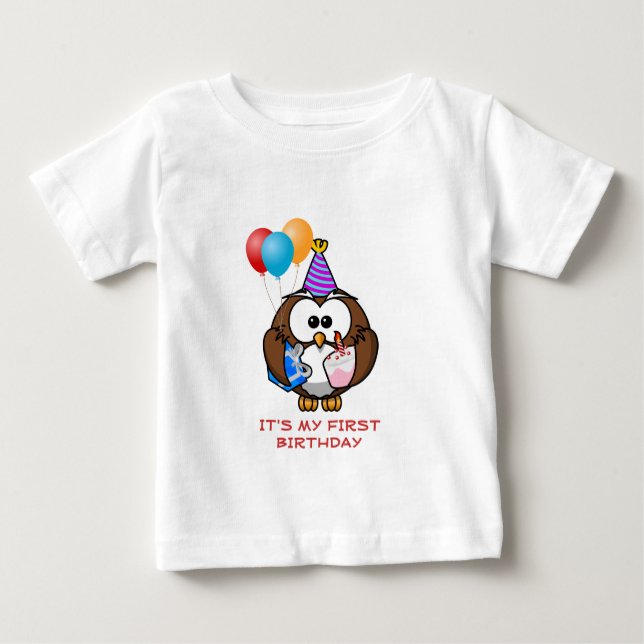 Owl Balloons Cake and Hat Custom Year Birthday Baby T-Shirt (Front)