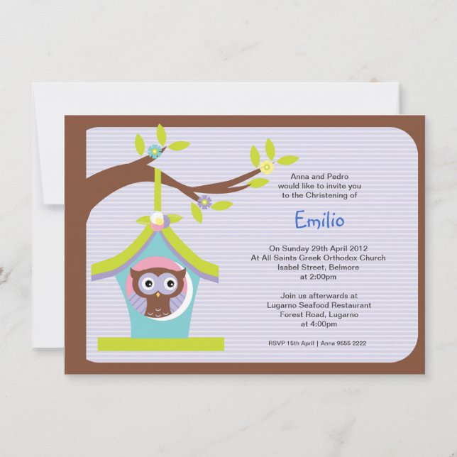 Owl Baptism Christening Invitations (Front)