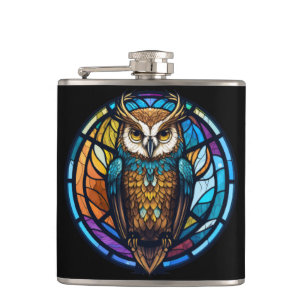Owl Bird Animal Portrait Stained Glass Wildlife Hip Flask