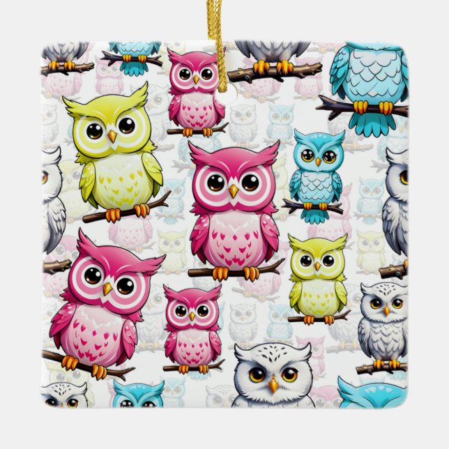 Owl Bird Colourful Design  Ceramic Ornament (Front)