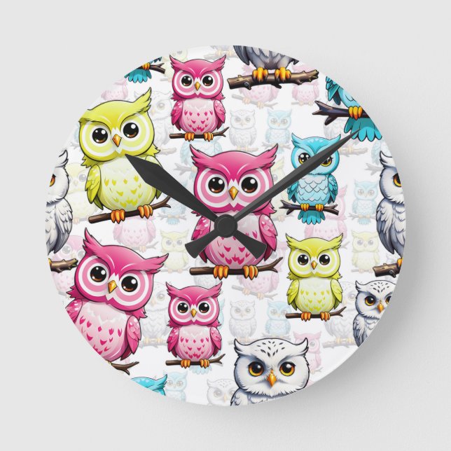 Owl Bird Colourful Design  Round Clock (Front)