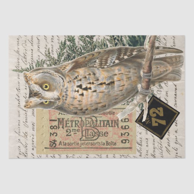 Owl Bird French Script Ephemera Decoupage  Tissue Paper (Front)