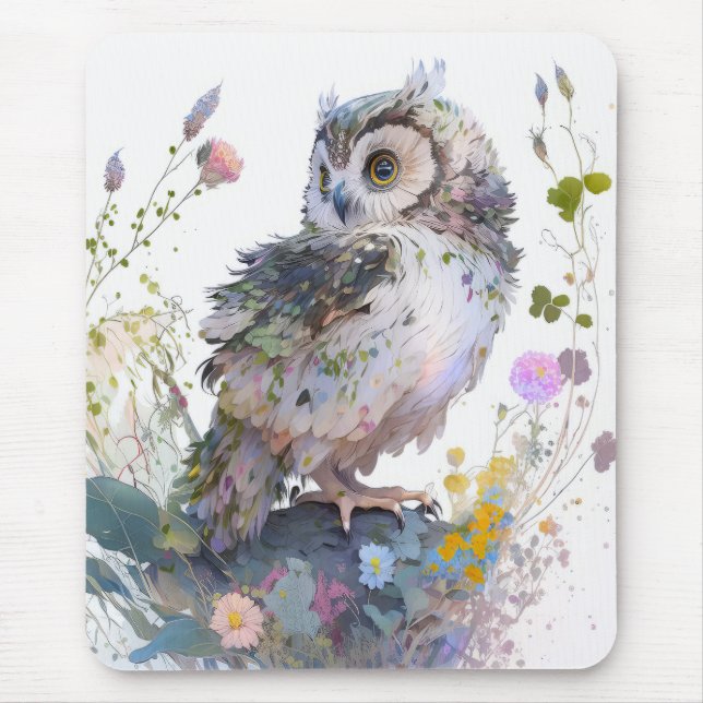 Owl Bird Portrait Animal Painting Wildlife Forest Mouse Pad (Front)