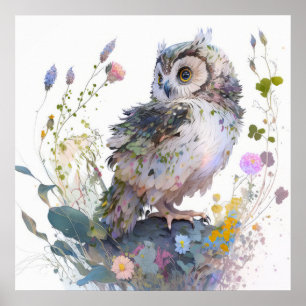 Owl Bird Portrait Animal Painting Wildlife Forest Poster