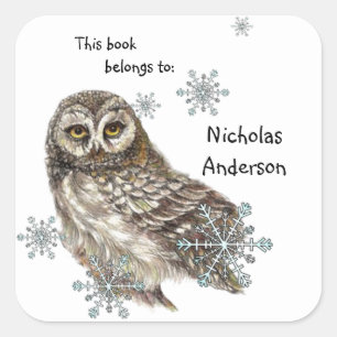 Owl Bird Snowflakes Winter Bookplate art Square Sticker
