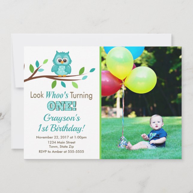 Owl Birthday Invitation, Boy 1st Birthday Invitation (Front)