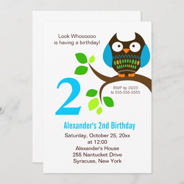 Owl Birthday Invitation for Boys Blue/Green (Front/Back)
