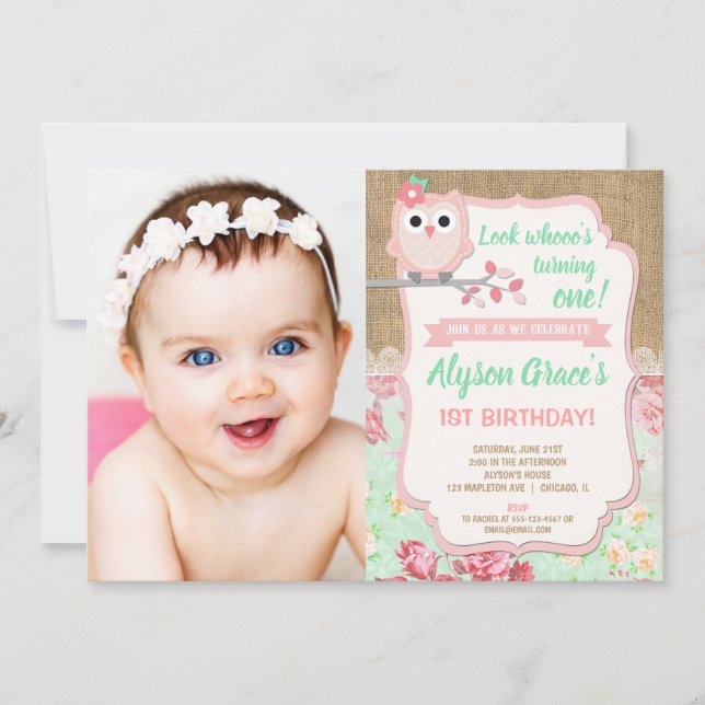 Owl birthday invitations, girl 1st photo birthday invitation (Front)